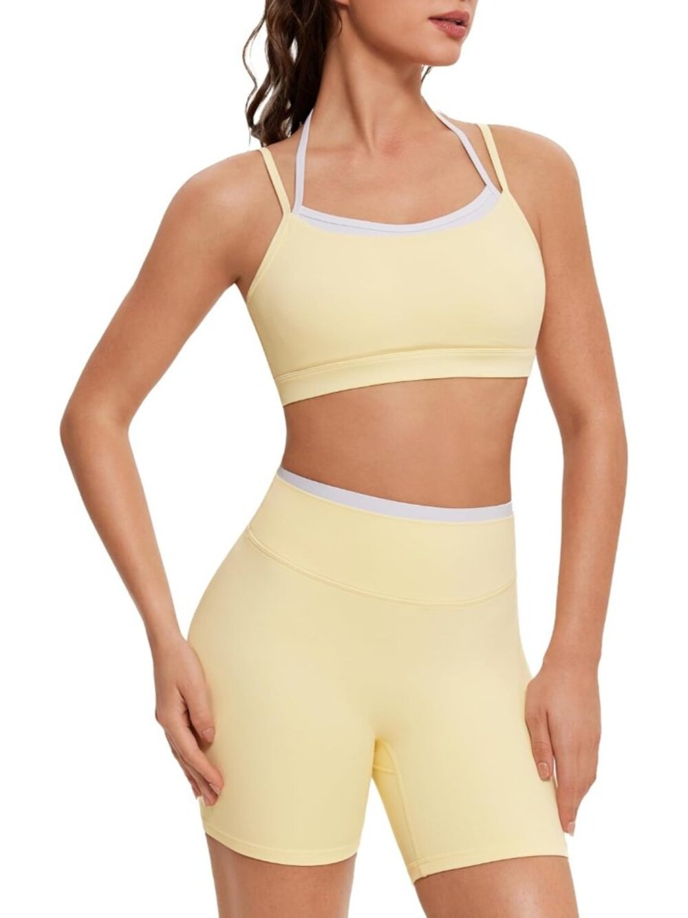 Women Baby Yellow Doubel Layer Open Back Activewear Sports Bra & Gym Shorts Set
